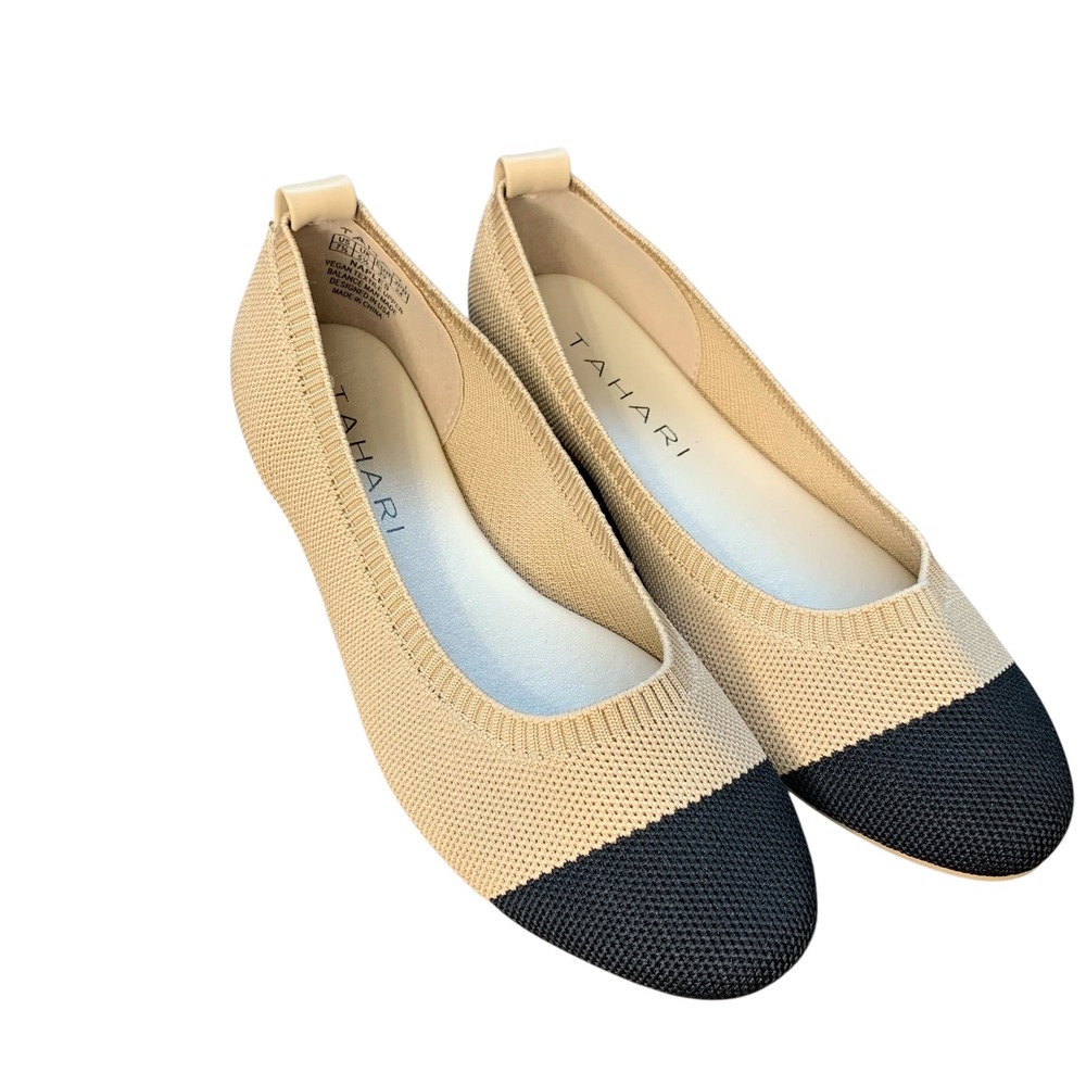Tahari Naples Vegan Beige‎ and black cap toe ballet flat. Size 7.5